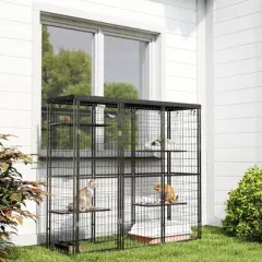 PawHut Weld Wire Catio Outdoor Indoor, Cat Enclosure with Waterproof Cover, 4 Jumping Platforms, Hammock, for 1-3 Kittens, 69" x 22" x 62", Black