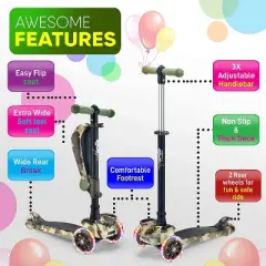 Hurtle ScootKid 3 Wheel Toddler Child Mini Ride On Toy Tricycle Scooter with Adjustable Handlebar, Foldable Seat, and LED Light Up Wheels