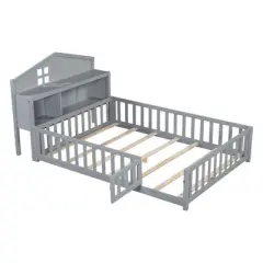 Okak Full Size Platform Bed Frame with Door & Fence,Wooden Floor Bed for Toddlers/Kids Bedroom