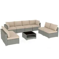 GDFStudio Lee Outdoor 8-Seater Rattan and Metal Upholstered Sectional Sofa Set with Coffee Table