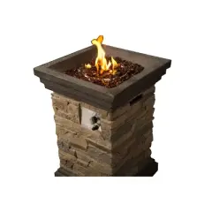 Rustic 20" Outdoor Column Natural Rock Tall Propane Gas Fire Pit with Steel Base - Teamson Home