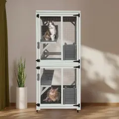 30"Wx71"H Wooden Outdoor Cat Enclosure With 4 Platforms,Waterproof Top And Sliding Doors,Cat House On Wheels With Napping,Cat Shelter -Maison Boucle