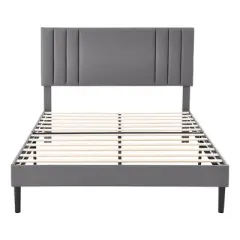 BIKAHOM Mid-Century Tufted Faux Leather Upholstered Platform Bed Frame w/Adjustable Height Headboard, Wooden Slats & No Box Spring Needed