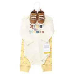 Hudson Baby Infant Boy Cotton Long-Sleeve Bodysuit, Pant and Shoe Set, Kind Human