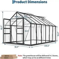 12 x 8 FT Greenhouse, Greenhouse with Aluminum Frame, Lockable Door and Ajustable Roof Vent  for Outside Garden Backyard, Patio, Black