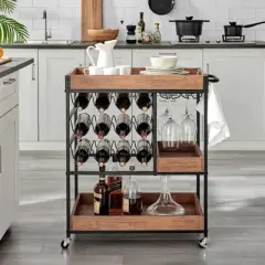 12 Bottles Rustic Walnut Wood and Metal Rolling Farmhouse Style Bar Cart Brown/Black - Danya B.