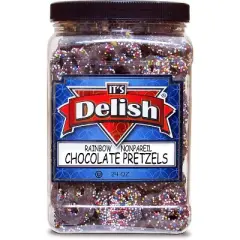 Rainbow Nonpareils Dark Chocolate Covered Pretzels by It's Delish, 1.5 Lbs Jumbo Container