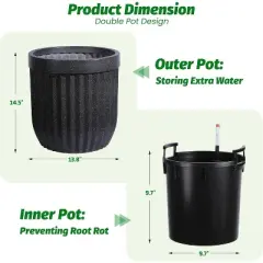 31" Marble Finish Self-Watering Planters Set of 2, Water Level Monitor, Ideal for Living Room, Office, Patio, Porch, and Garden, Black