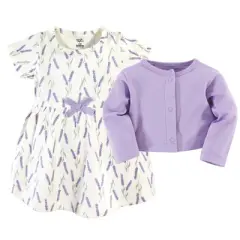 Touched by Nature Baby and Toddler Girl Organic Cotton Dress and Cardigan 2pc Set, Lavender