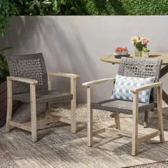 Coolbibila Modern Wicker Wooden Outdoor Poolside Lounge Chair Set of 2,Patio PE Rattan Woven Back Kitchen Dining Chair,Acacia Wood Garden Chair