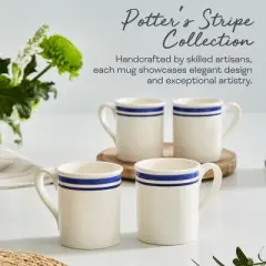Portmeirion Potter's 9oz Stripe Breakfast Mug, Set of 4, Elegant Earthenware Tea Mugs with Handle for Coffee Lovers, Classic Stripe Design - Blue
