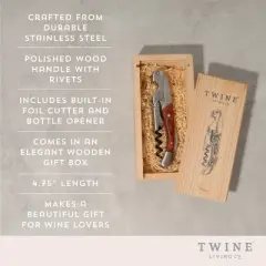 Twine Wood Handle Double HInged Corkscrew, Stainless Steel Wine Key with Foil Cutter