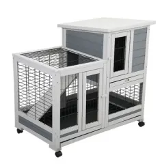 DOMETOUR Wooden Rabbit Hutch, Outdoor Pet Bunny House Wooden Cage with Ventilation Gridding Fence, Openable Door, Cleaning Tray, Gray