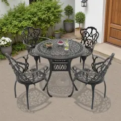 5-Piece Cast Aluminum Outdoor Dining Set with Beige Cushions, Round Table & Ergonomic Chairs - for Patio, Backyard