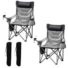 2 Pcs Oversized Folding Camping Chair, Heavy Duty Outdoor Padded Portable Chair with Cup Holder, Cooler Bag, Bottle Opener, 450 LBS Capacity,  Grey
