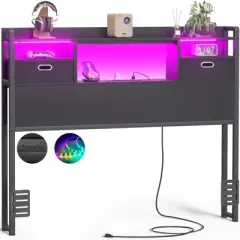 Aheaplus Storage Headboard with Power Outlet and RGB LED Lights, Head Board with Fabric Drawers