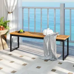 Tangkula Patio Dining Bench Set of 2, 2-3-person Backless Bench with Slatted Seat & Metal Legs Outdoor Bench for Entryway Garden Poolside Natural