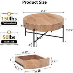 Round Coffee Table with Drawers Circle Living Room Table Wood Accent Coffee Table