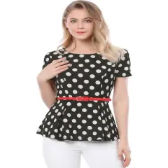 Allegra K Women's Basic Round Neck Short Sleeves Polka Dots Peplum Blouse