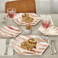 Silver Spoons Elegant Disposable Hexagon Plates for Party, Heavy Duty Stripe Plate Set (24 PC)