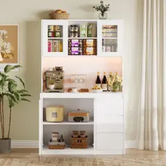 Kitchen Pantry Cabinet with Doors and Adjustable Shelves, 71" Tall Storage Hutch with Microwave Shelf, LED Lights and Charging Station