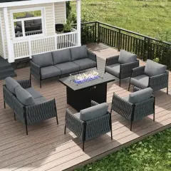 LayinSun 7 Piece Outdoor Furniture Set with Fire Pit Table, Modern Rope Woven Patio Conversation Sofa Set with Olefin