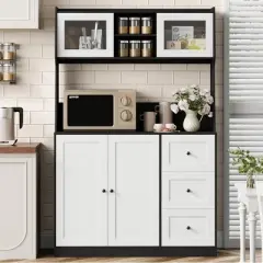 Kitchen Pantry Cabinet with LED - 3-Drawer Buffet Hutch with Adjustable Shelves & Countertop, Tall Storage Sideboard for Dining Room