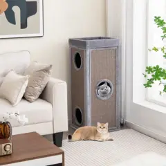 Costway 4-Story Cat House 39'' Cat Condo with Scratching Posts & 4 Soft Plush Cushions Gray/Natural