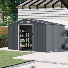 Gulches Outdoor Storage Shed 8 x 10 FT Large Metal Tool Sheds, Heavy Duty Storage House with Sliding Doors with Air Vent for Backyard Patio, Grey