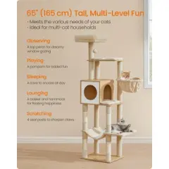 65-Inch Multi-Level Cat Tree Tower with Cave, Basket & Hammock, Includes Scratching Posts & Pompom Toy