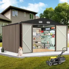 Acekool 10x8 FT Large Metal Outdoor Storage Shed, Lockable Double Doors, Vents, Sloped Roof, for Garden & Patio
