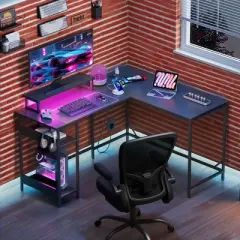 GALAXHERO 55 Inch L-Shaped Gaming Desk with Power Outlets & LED Lights, Corner Desk with Hook, Convertible Office Desk for Bedroom