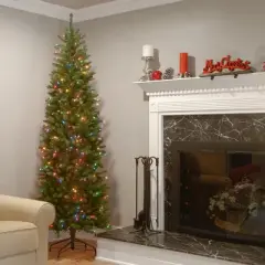 National Tree Company 7 ft Artificial Pre-Lit Slim Christmas Tree, Green, Kingswood Fir, Multicolor Lights, Includes Stand