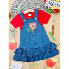 Girls Owl Denim Overall Dress Set - Mia Belle Girls
