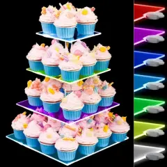 4 Tier Clear Acrylic Dessert Tower, Holds 52 Cupcakes, 7-Color Light Effects for Parties, Weddings, Birthdays & Celebrations