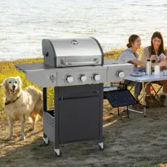 3-Burner Propane Gas Grill with Side Burner, Stainless Steel Lid & Cabinet, Built-In Thermometer, 37,000 BTU Outdoor BBQ for Patio and Backyard