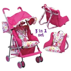 Adora Doll Accessories 3-in-1 Stroller, Car Seat, Back Pack Carrier, Perfect for Kids 3 Years & up, Pink (217602)