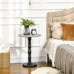 HOMCOM Pedestal Side Table with Round Tabletop, Rustic End Table with Solid Wood Leg for Living Room, Bedroom, Light Gray and Black