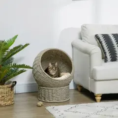 PawHut Elevated Cat Basket Bed with Cushion, Cat Egg Chair Shape, Cute Cat Condo with Stand for Indoor Cats, 20" Dia. x 23.5" H, Herbal Grey