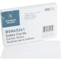 Business Source Index Cards Ruled 72 lb. 4"x6" 100/PK White 65261