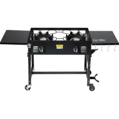 Barton 58,000 BTU Outdoor Double Burner Stove Camping Propane Folding Cook Cooking Station Stand BBQ Grill, Black