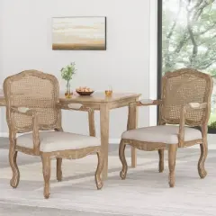 Set of 2 Andrea French Country Wood and Cane Upholstered Dining Armchairs - Christopher Knight Home