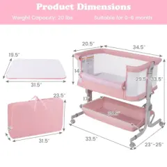 Infans Baby Bassinet, Bedside Crib w/ 6-Level Adjustable Height, Storage Shelf, Wheels, Mattress & Carry Bag, Folding Bassinet Bedside Sleeper, Pink