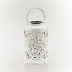 Outdoor Metal Lace Cutout Lantern with Rotating LED Lights Antique White - Alpine Corporation