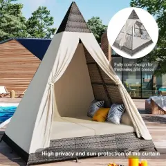 Zevemomo Outdoor Daybed with Colorful Pillows, Rattan Wicker Patio Sunbed Furniture Seating with Soft Cushions for Poolside Backyard, Brown Beige