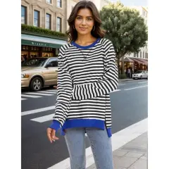 ATHLECHIC Women's Split Hem Striped Color Block Crew Neck Casual Loose Oversized Sweatshirt Shirt Tops