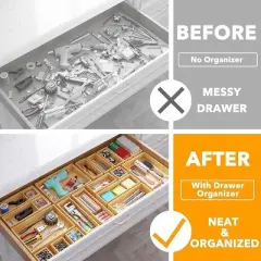 21-Piece Bamboo Drawer Organizer Set &ndash; Multi-Use Divider Bins for Kitchen, Bathroom, Office, and Makeup Storage, Natural