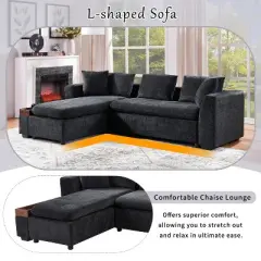 L-Shaped Sectional Sofa Chenille Upholstered Sofa Couch with Wooden Storage Compartment, Black/Brown/Gray/Green-ModernLuxe