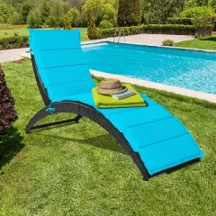 Costway 2PCS Folding Patio Rattan Lounge Chair Chaise Cushioned Portable Lawn Turquoise