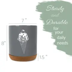 Elanze Designs 8 inch Ice Cream Waffle Cone Large Ceramic Kitchen Utensil Holder Gray and White Crock with Cork Base